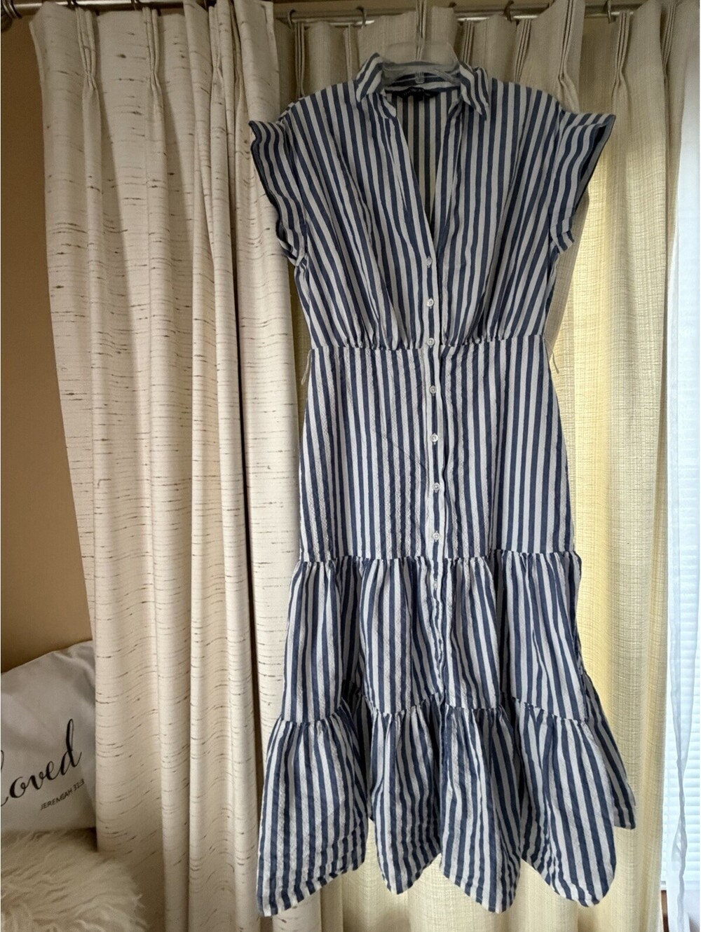 Veronica Beard Vanessa Dress Blue Striped Cotton Shirt Maxi Tiered Button Size 8